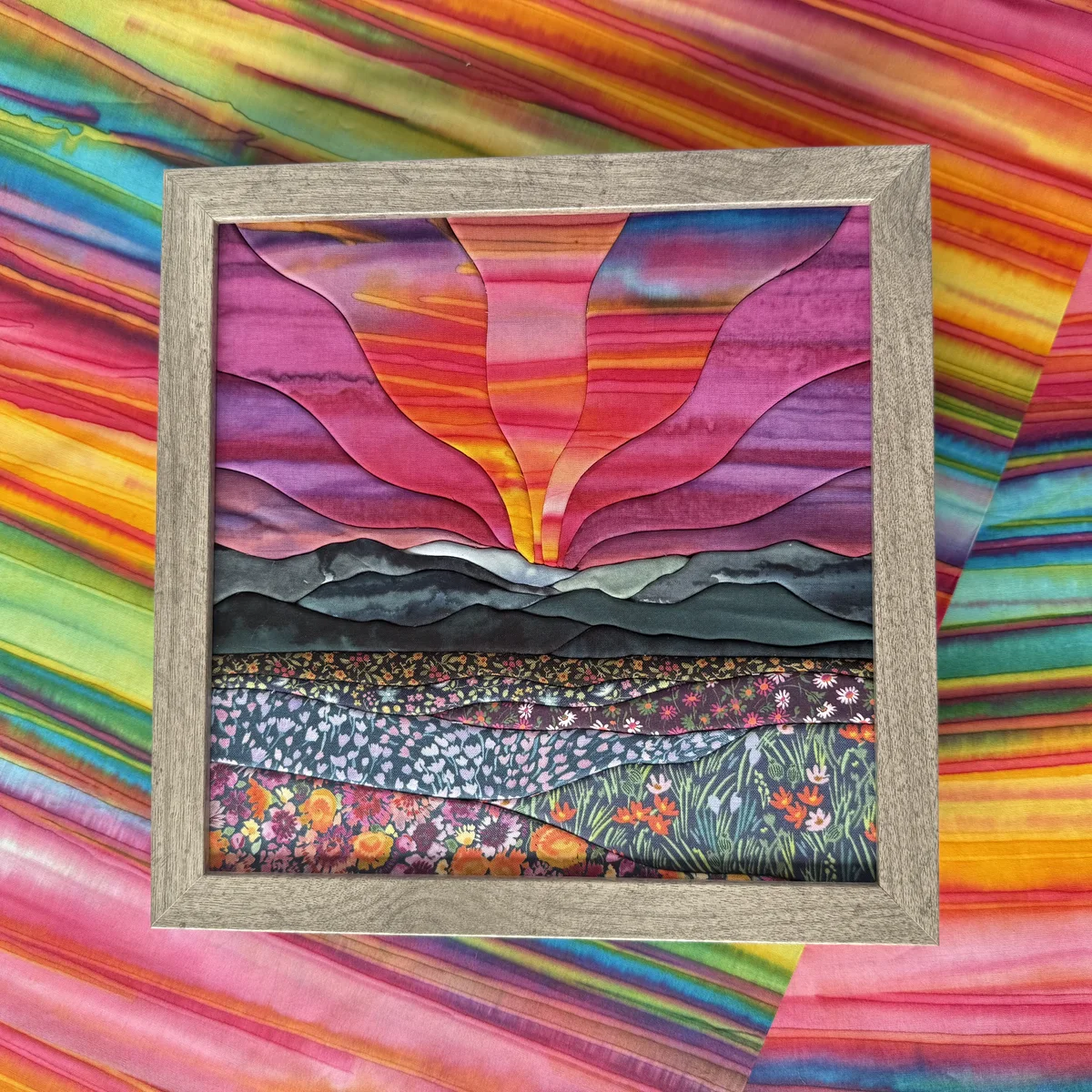 Finished kinusaiga fabric landscape: Sunrise Over the Cascades by Hannah Austin